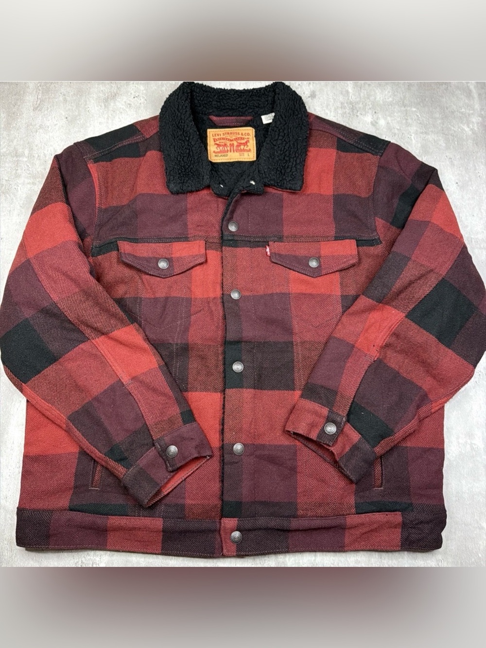 NWT Levi’s Sherpa Lined Buffalo Plaid Jacket Mens XXL Red Black Trucker Coat